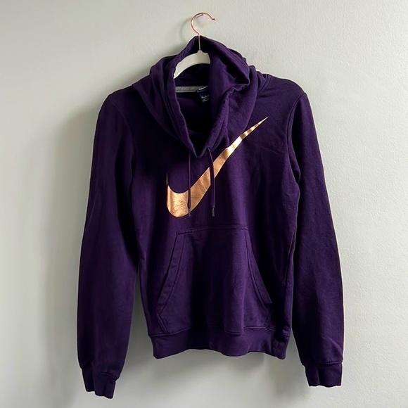 Nike Sportswear Purple Hooded Funnel Neck Sweater with Rose Gold Logo Detail - Picture 1 of 6